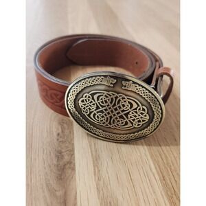Lee River Tooled Genuine Irish Leather Belt  Brass Buckle Celtic Hounds Ireland